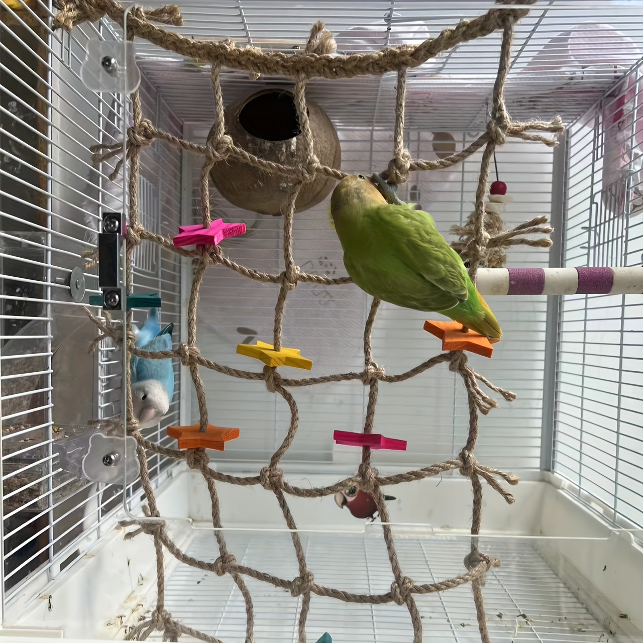 Durable Multi-Functional Hemp Rope 1pc Bird Climbing Net - with Colorful Star Cutouts and Chewing Toys for Climbing, Perching, and Foraging - Ideal for Squirrels, Honey Gliders, Parrot Play Gym, Cage Accessory and Bird Toy
