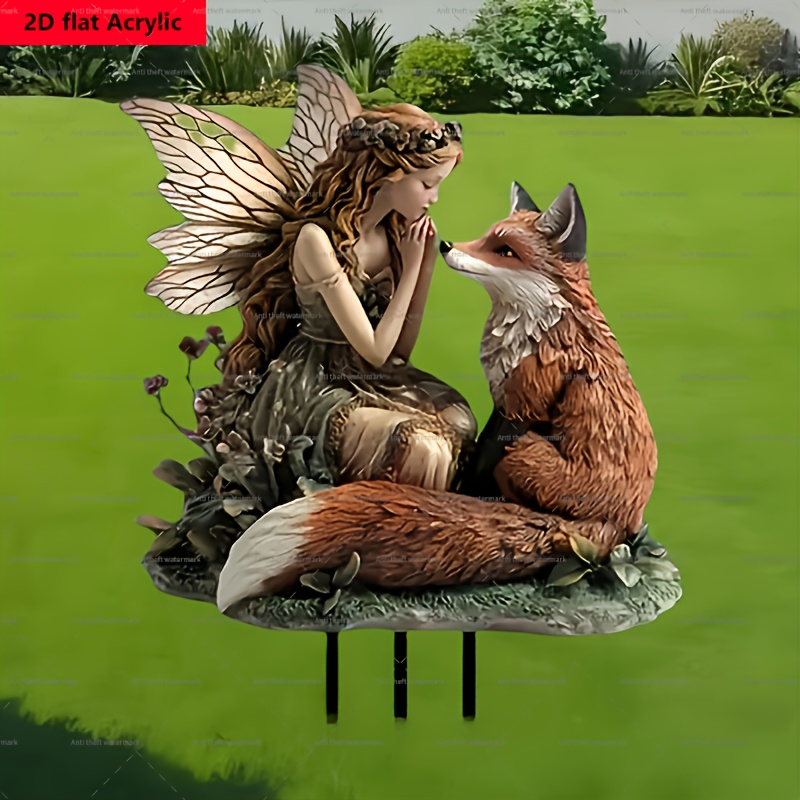 

Bohemian Style Acrylic Garden Fairy And Fox Statue, Stake Mounted, Electricity-free, Featherless, For Yard, Lawn, And Garden Decor, Universal Holiday Decoration