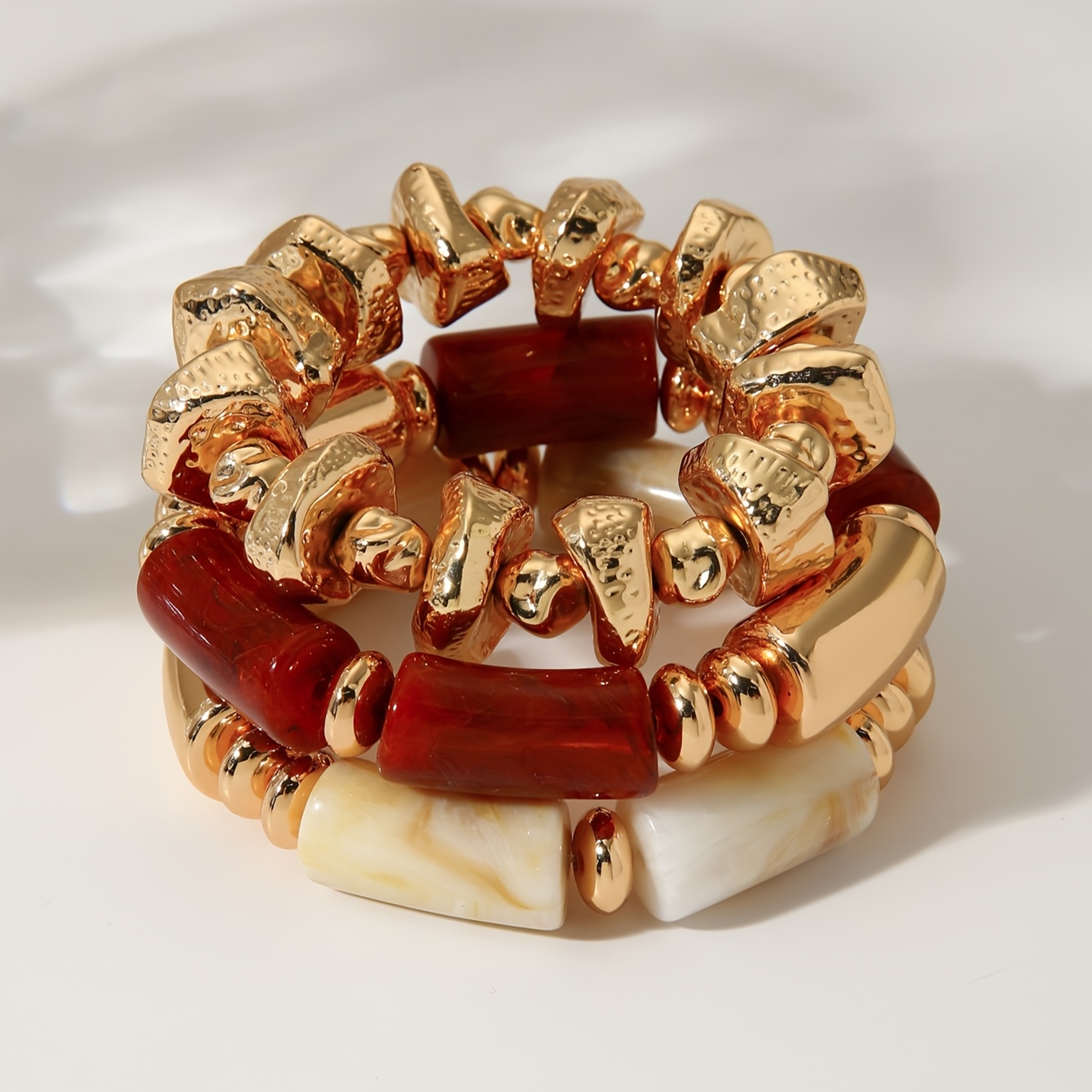 3pcs Fashionable Retro Multi-Layer Brown Acrylic Beaded Bracelet Set
