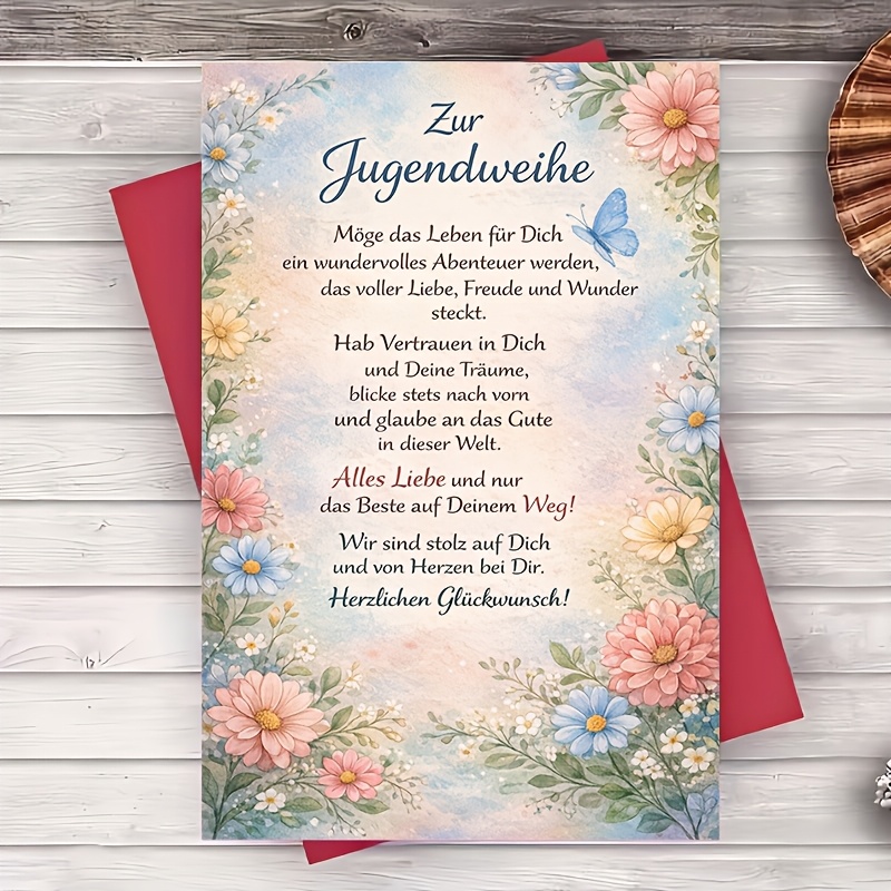 E-shop Ein Umschlag und eine Grußkarte, florale Jugendweihe-Grußkarte, inspirierende Botschaft für Familie und Freunde, -Feier, leeres ,