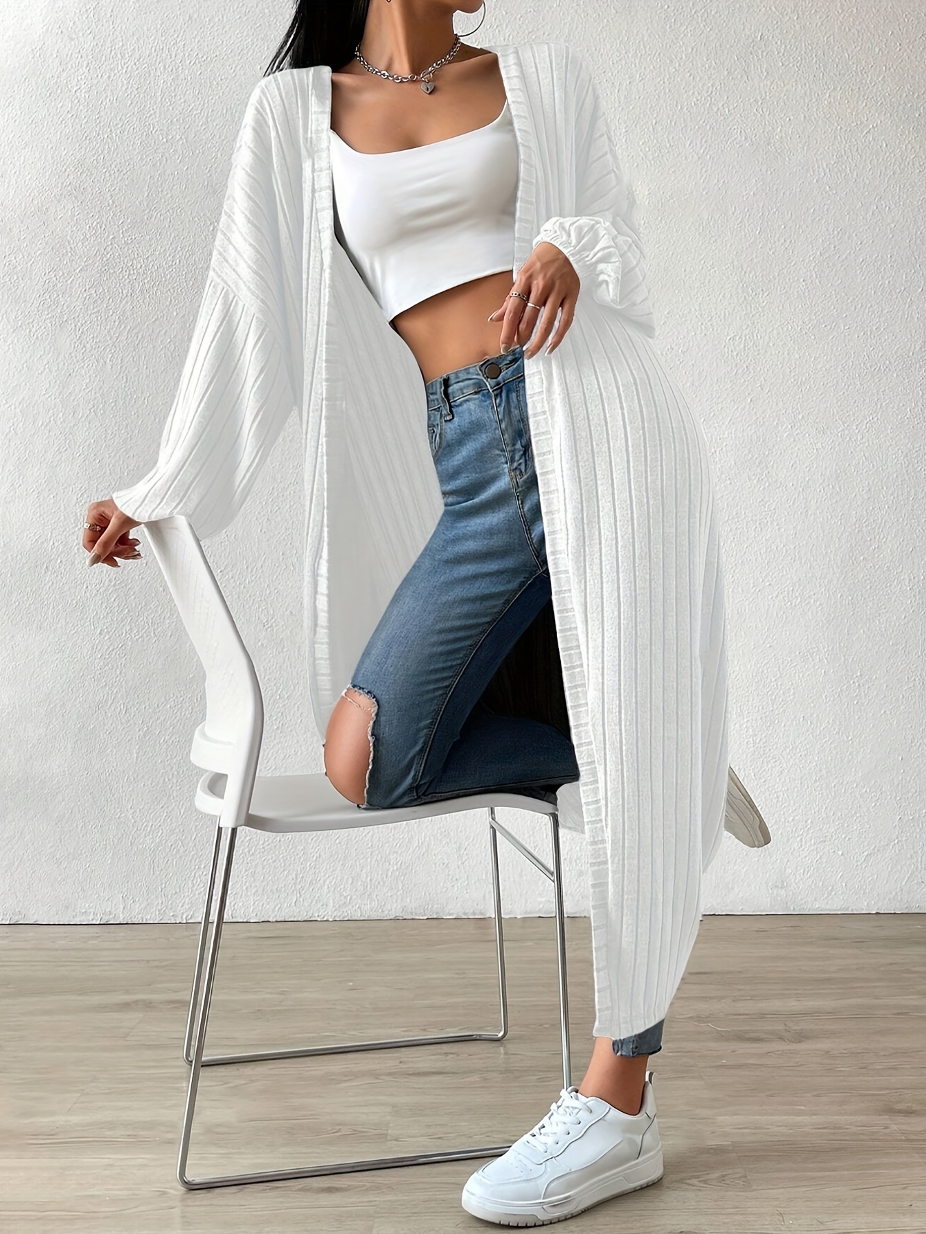 Solid Color Long Cardigan Coat Directional Style