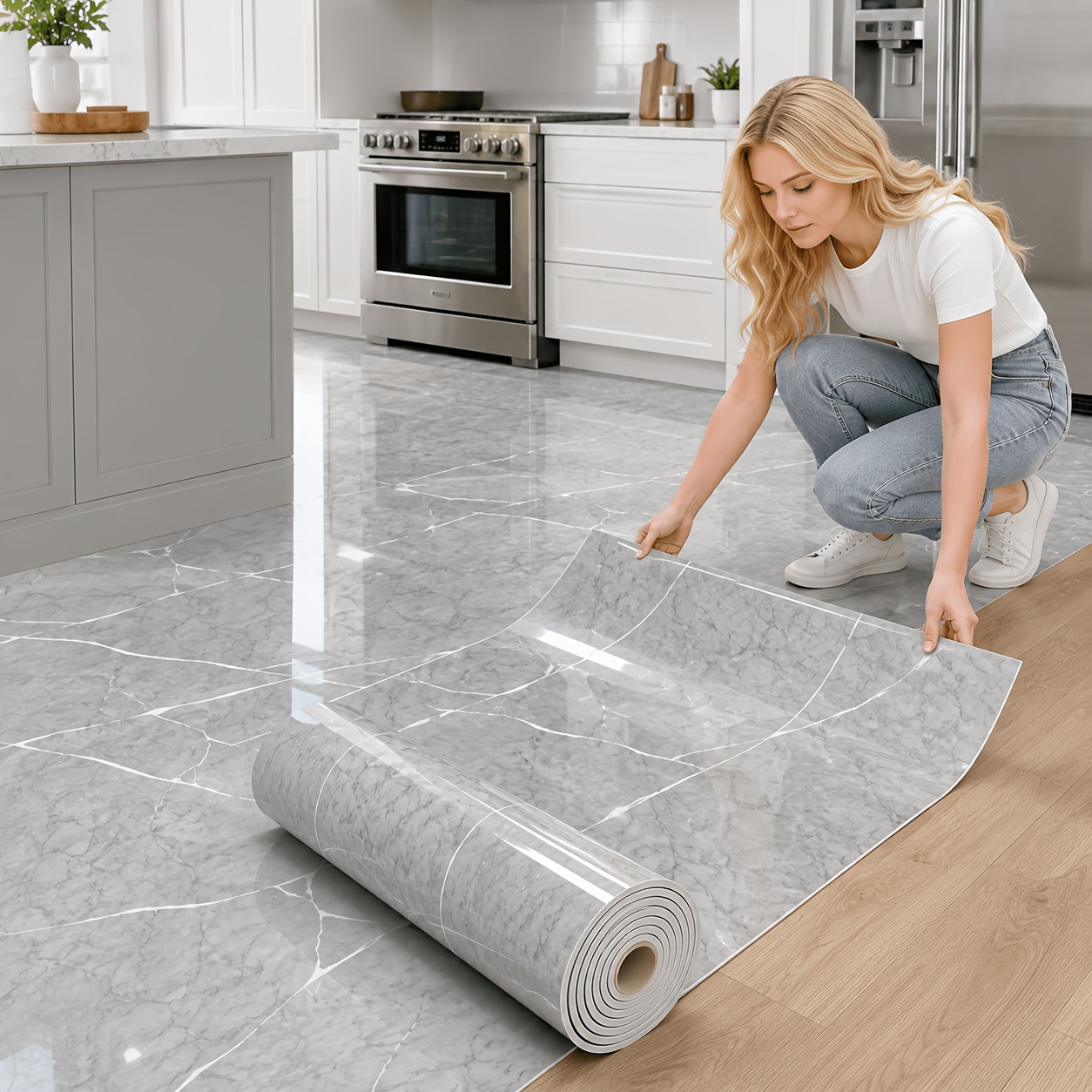 TEMU Un rouleau, grand rouleau épaissi, 39" x 299,78", autocollant de sol auto-adhésif en mousse marbre moderne, épaissi et à l', 3 mm d'épaisseur,