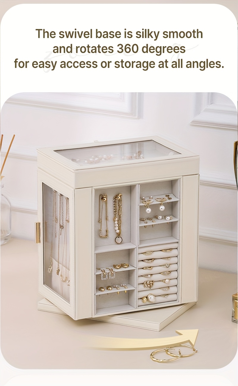 1pc   360 rotating jewelry organizer   drawer large capacity   leather storage with transparent   modern elegant design for necklaces rings earrings watches perfect gift for women valentines day mothers day birthday necklace display     construction home decor lovers jewelry boxes Product details 1