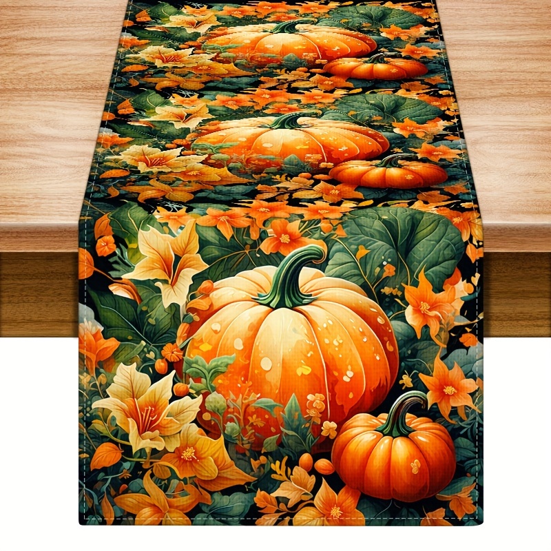 

Autumn Pumpkin Floral Table Runner For Thanksgiving And Halloween - 100% Polyester Woven Table Decor With Square Shape, Festive Design For Fall Events And Celebrations - 1pc