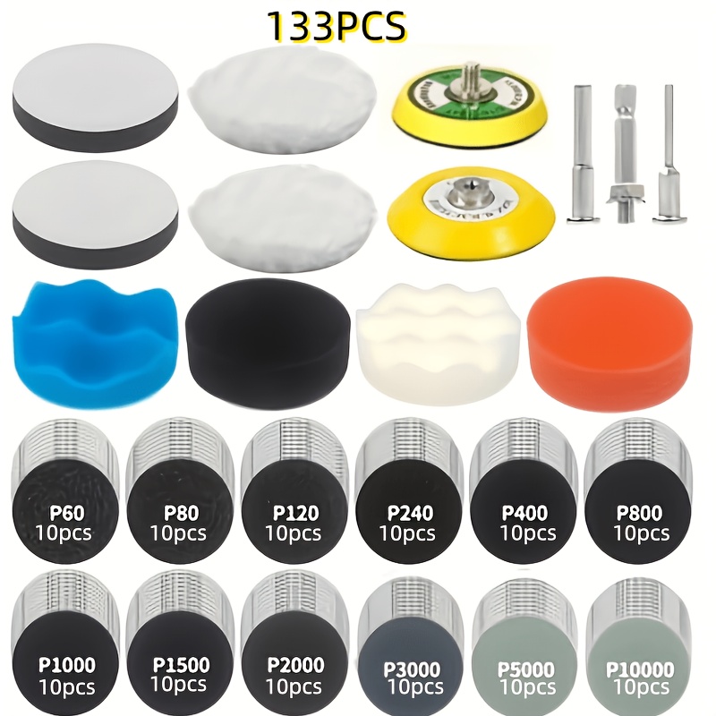 TEMU Juego de 133 piezas de herramientas de y esmerilado, kit de reparación de faros de 3 pulgadas para uso en húmedo/, papel de para agua, papel de