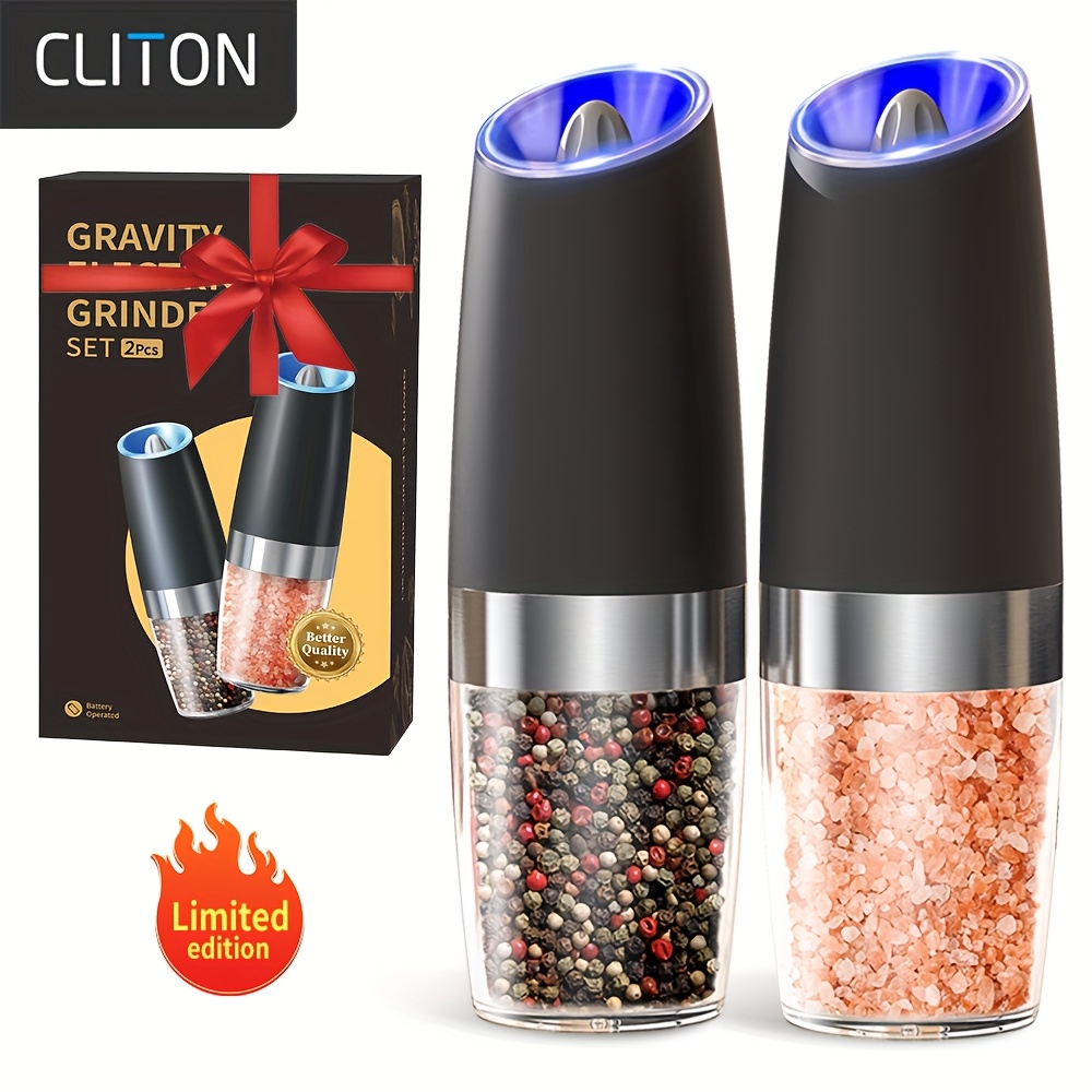 TEMU 1pc/2pcss Electric Salt And Pepper Grinder, Automatic Pepper Mill, Salt And Pepper Grinder Electric 2pcs, Tilted Automatic Grind With Led Light,