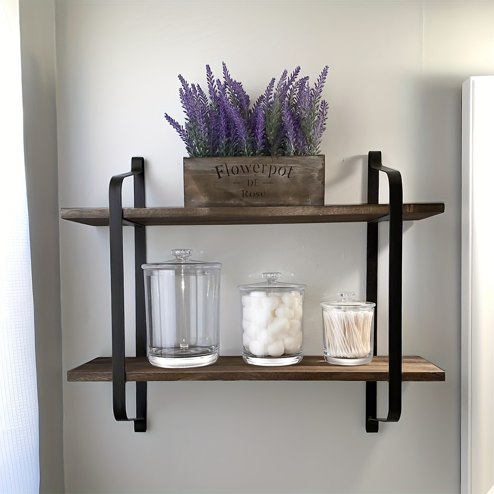 TEMU A Rustic Floating Shelf Unit Designed For Wall Mounting, Featuring 2 Layers For Displaying Cookbooks And Plants, Suitable For Use , Living Room,