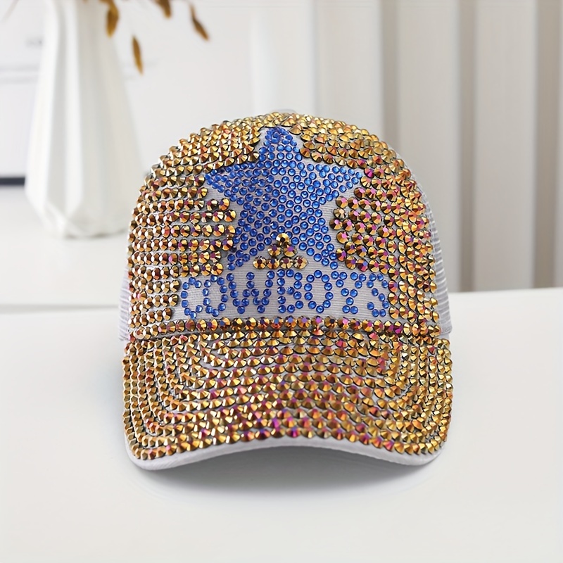 

Rhinestone Embellished Cotton Baseball Cap - Breathable, Adjustable Fit, Outdoor Sun Protection Hat With Sparkling Five-point Star Design