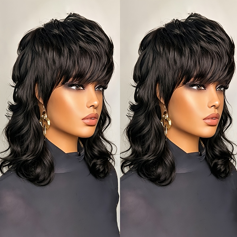 TEMU Long Curly Wave Mullet Head Wig Human Hair 10-inch 150% Density Machine Made Glueless Wig For Women Wolf Tail Style Human Hair Brazilian Hair Natural Black Color For Daily Wear