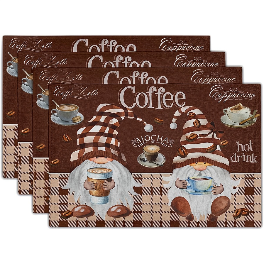 

4pcs Coffee Gnomes Table Mats For Dining Table In Brown Mocha Fabric, Ideal For Bar Decor, Coffee Cup Mats Measuring 12 Inches