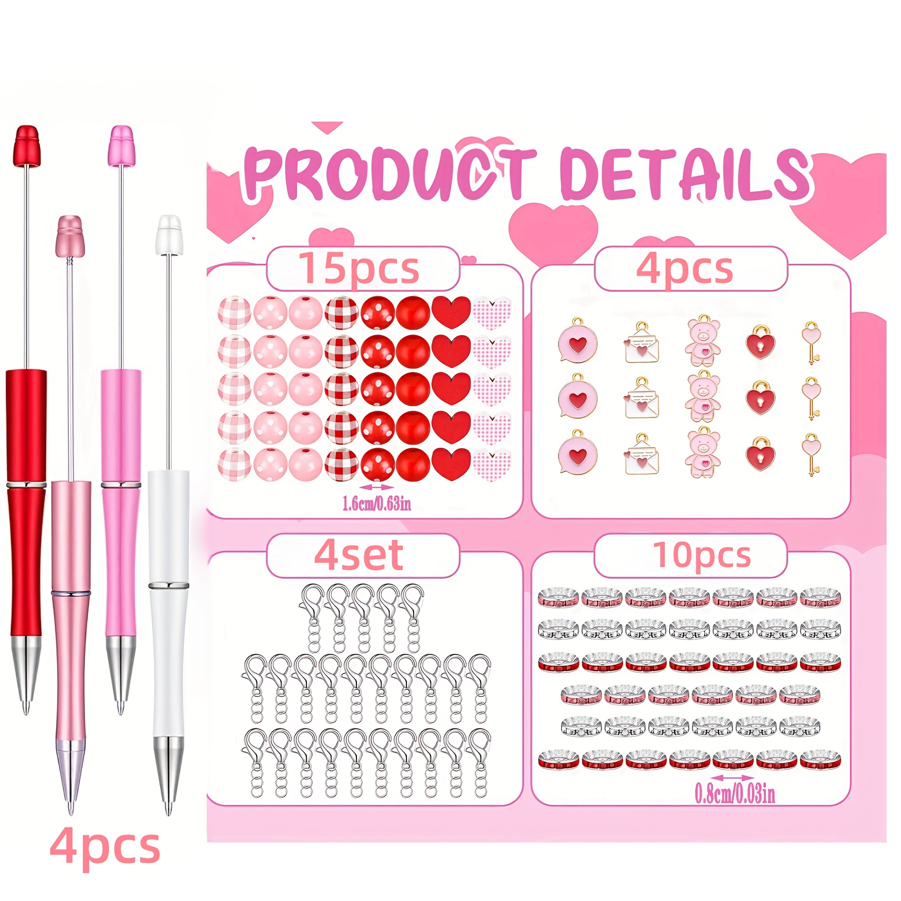 4pcs Mother's Day Ballpoint Pen Set, Diy Beaded Pen Mother's Day Gift And Heart-shaped Office Gift Beaded Pen Making Kit