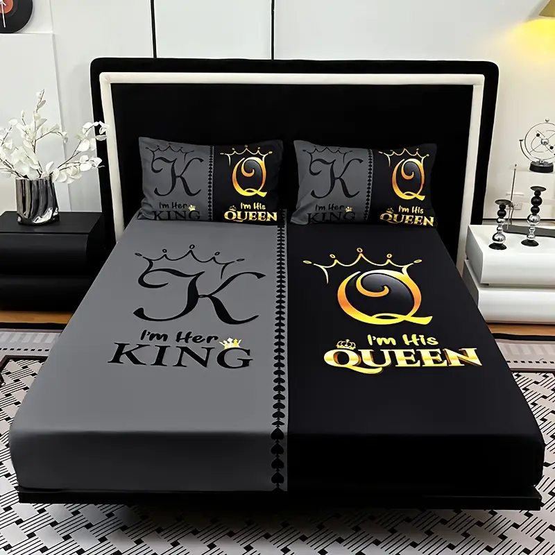 3pcs super soft breathable black grey color blocking letter bed sheet 1pc bed sheet 2pcs pillowcase no filling deep pocket in 15 inch mattress protector bedroom high definition printing suitable for room decor Product details 0