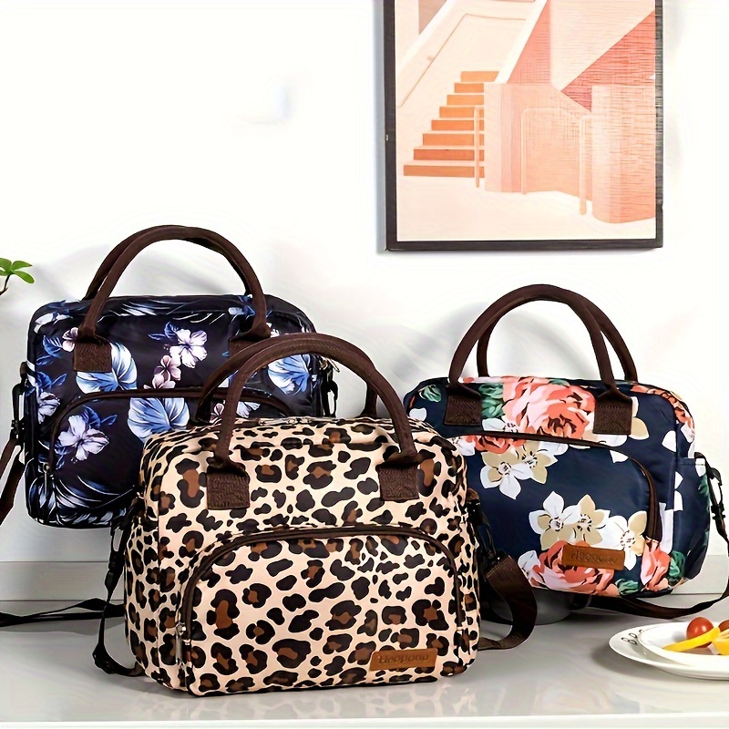 

1pc Printed Oxford Cloth Portable Lunch Cooler Bag With Insulated Thermal Lining, Floral & Leopard Patterns, Non-waterproof Food Delivery Tote