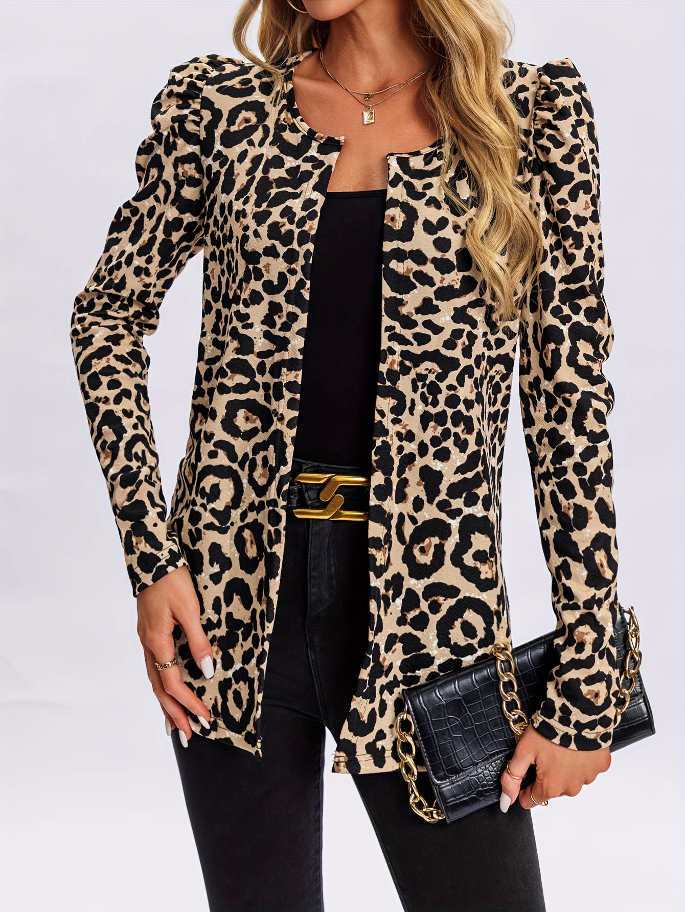 Women's Leopard Print Lightweight Jacket - Elegant Loose Fit Mid-Length Open Front Coat with Long Sleeves, Machine Washable Spring Summer Fall Casual Outerwear, Leopard Print Jacket, Seasonal Fashion, Buckle Belt Accent, No Button Closure