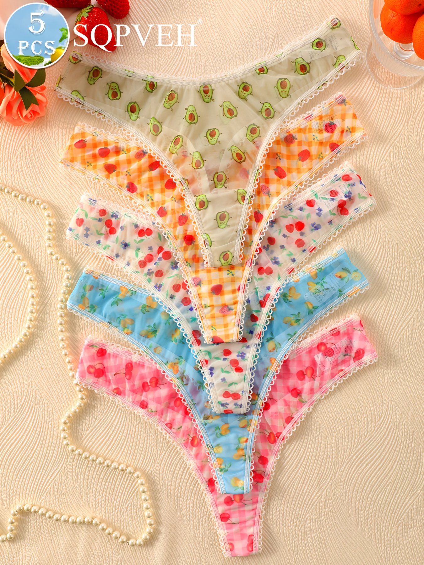 Conjunto de 5 bragas de San Valentín para mujer con estampados de frutas, ligeras, transpirables y cómodas