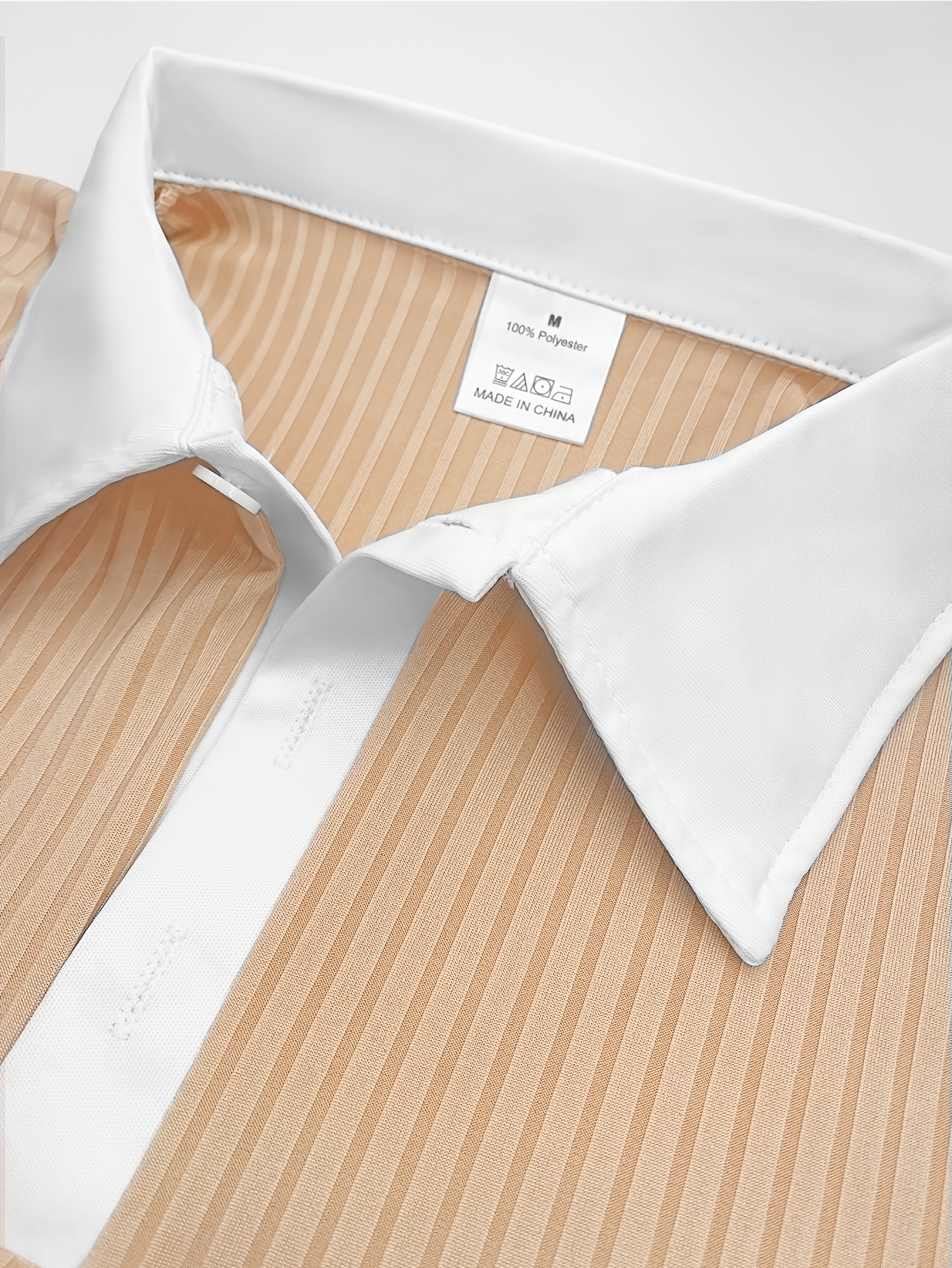 Men's Light Khaki Shirt - Beige & White Contrast Collar - Breathable Knit Fabric Shirt for Office, Golf, Parties - All-Season Formal & Casual Men's Clothing - Machine Washable