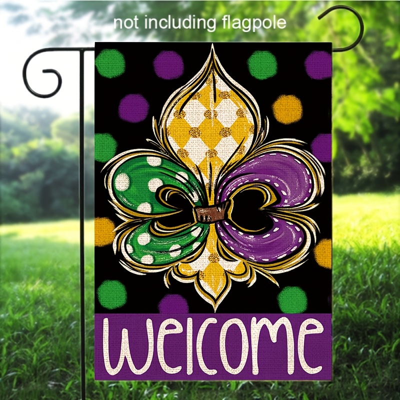 

1pc Mardi Gras Flag, 12x18 Inch Double-sided Linen Yard Decor, Fleur Design, Multipurpose Outdoor Decoration (flag Only)