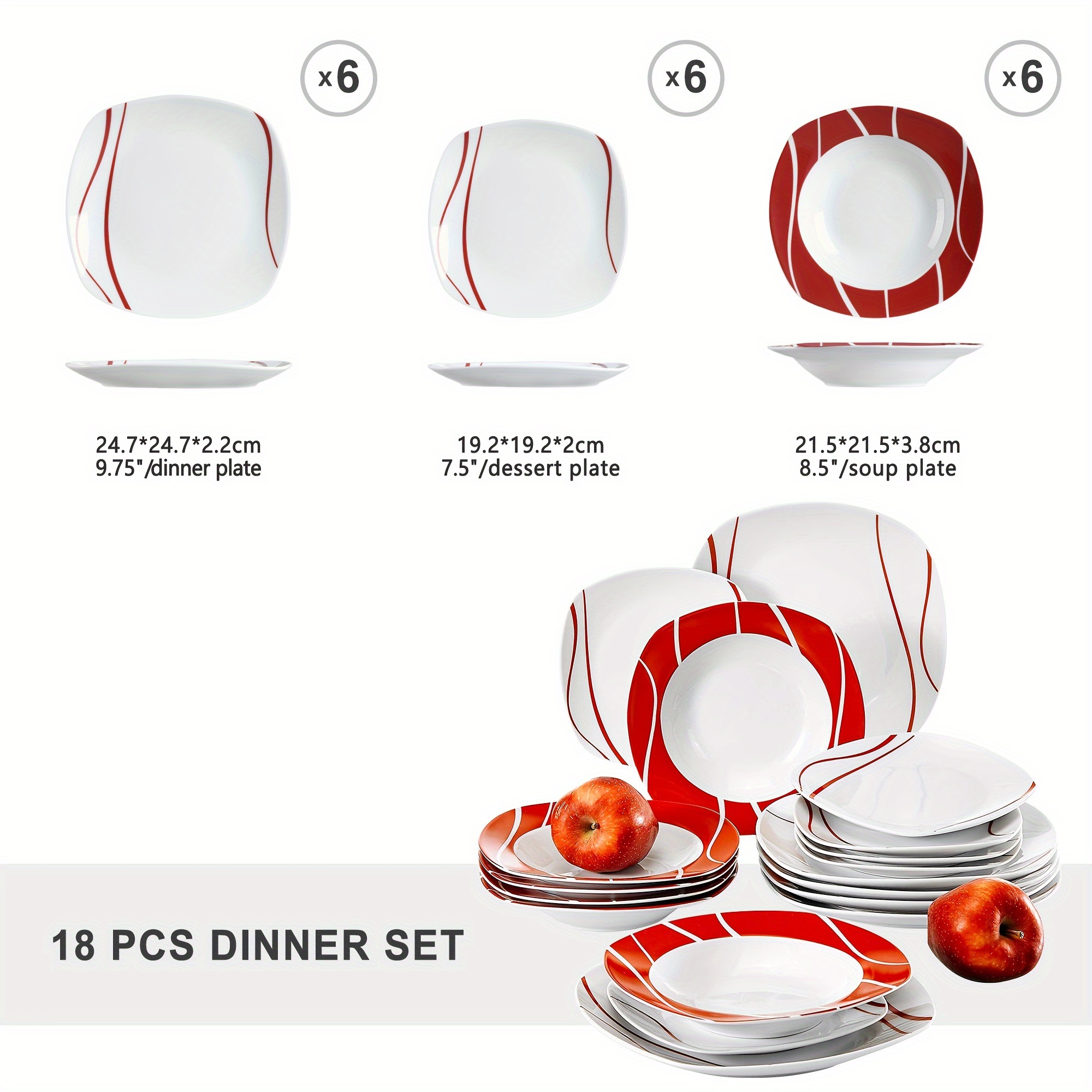 18pcs White&red Ceramic Plate Sets Dinner Set Dinnerware With 6pcs Dinner Plate/ Dessert Plate/ Soup Plate For 6 People