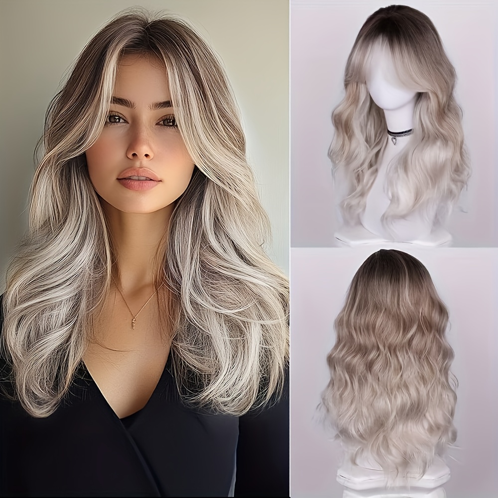 Image of Ombre Grey Wigs For Women Long Curly Wig With Bangs Wavy Hair With Dark Synthetic Hair For Everyday Party And Cosplay