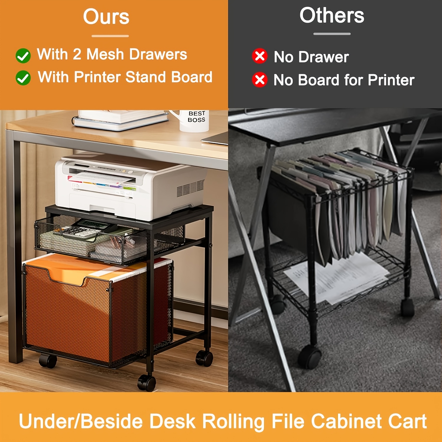 TEMU Mobile Filing Cabinet On Wheels, Designed As A Printer Stand With A Storage Drawer, Featuring A Hanging File Folder Organizer, Suitable For