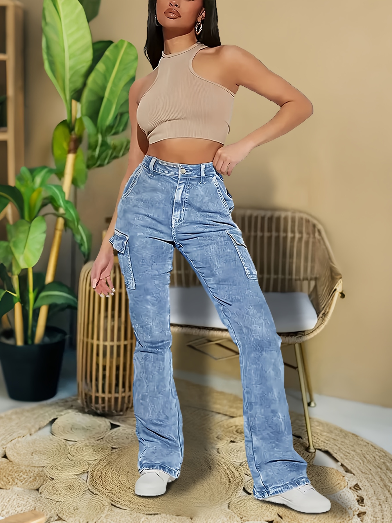 women's high waisted bell bottom jeans casual denim cargo Temu