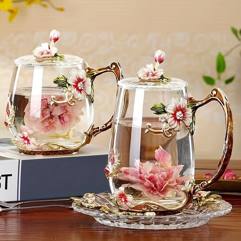 

Elegant Enamel Flower Glass Tea Cup Set With Saucer - 320ml/350ml, Perfect For Home & Office Use, Reusable Coffee & Juice Cups, Ideal Gift