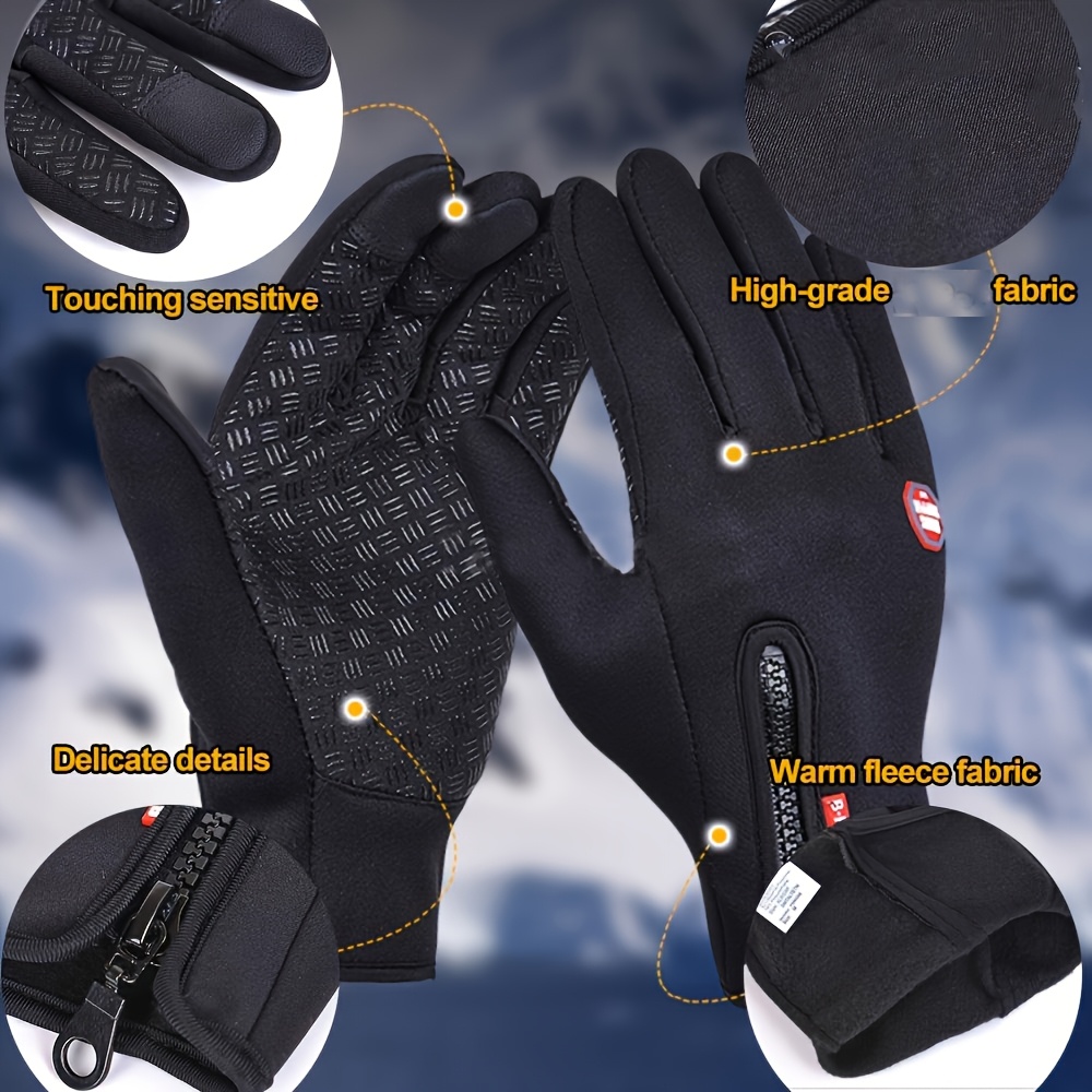 1 Double warm winter outdoor sports Men's and Women's fleece touchscreen thermal cycling windproof gloves, with zipped closure, suitable for motorcycles, running, fishing, hiking - compatible with smartphones/tablets - warm grip gloves designed