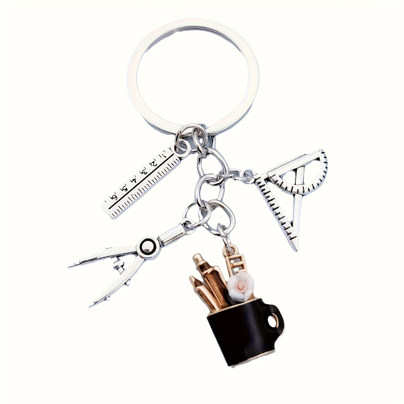 TEMU 1pc Creative Multi-functional Keychain With Compass, Ruler & Pen Holder - Stylish Functional Accessory For & Teachers, Durable Gift (diy School