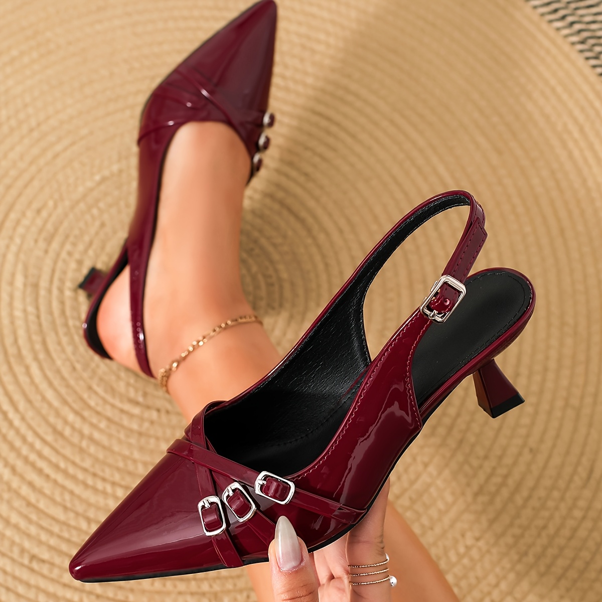 elegant red pointed toe stiletto heels with metal   accents high heel synthetic   weddings parties and daily work attire formal footwear sleek heel design synthetic heels