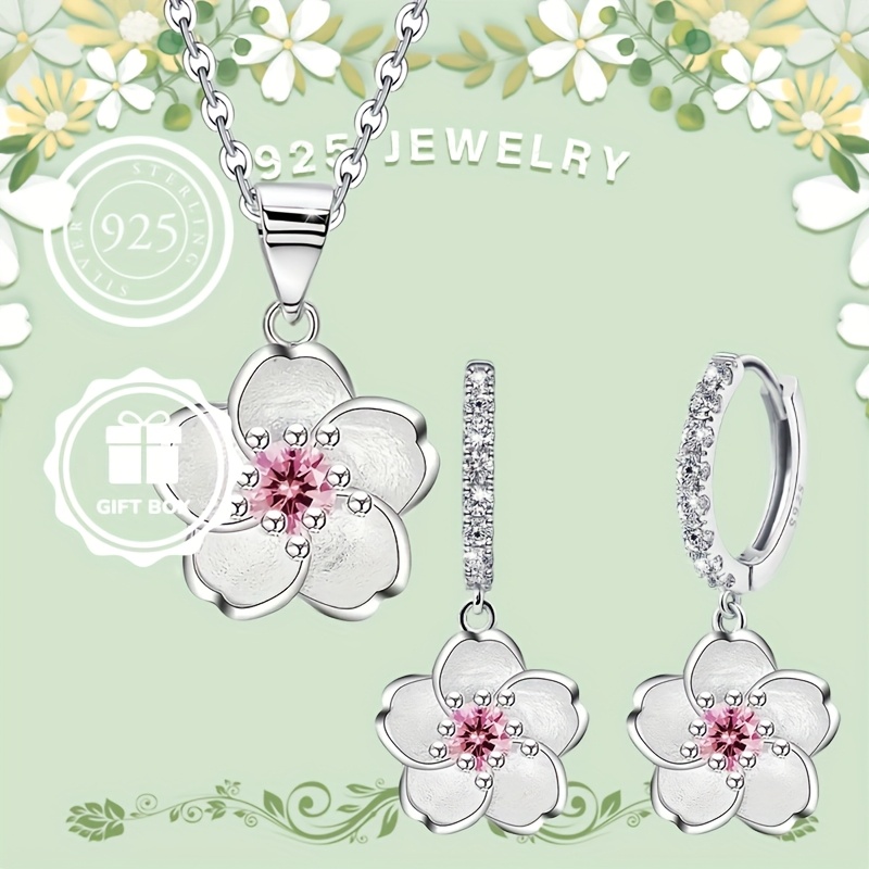 S925 Pink CZ Cherry Blossoms Necklace and Hoop Earrings Set