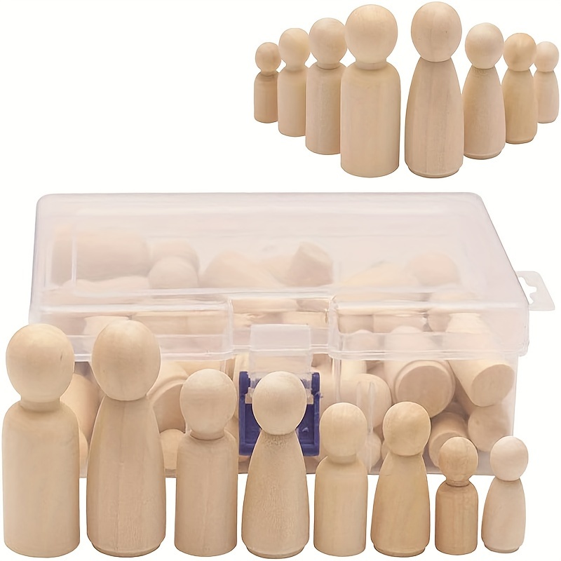 

50- Unfinished Wooden Peg Dolls, Assorted And , Diy Art , Painting, Peg , Decor, Wooden Figurines, Clear Textured Storage Box