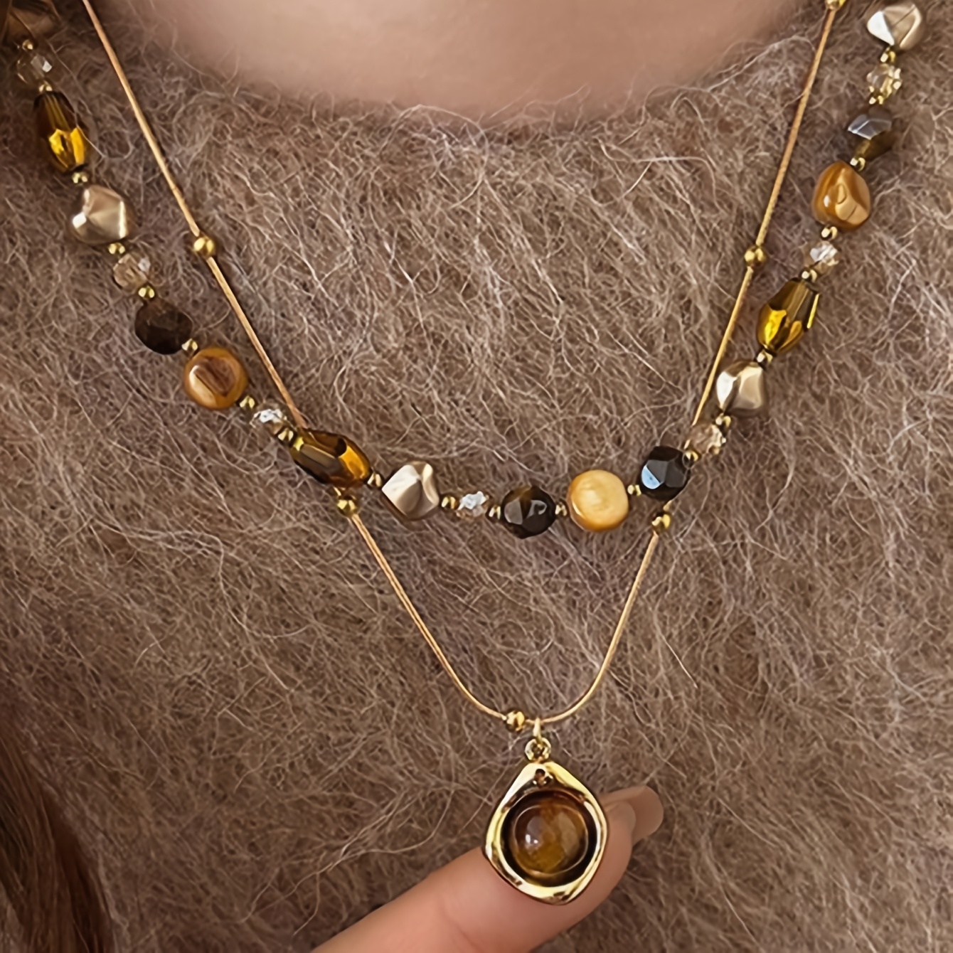 TEMU Collier à pampilles en œil de tigre de cœur, style rétro , accessoire de chaîne pour pull facile pour femmes