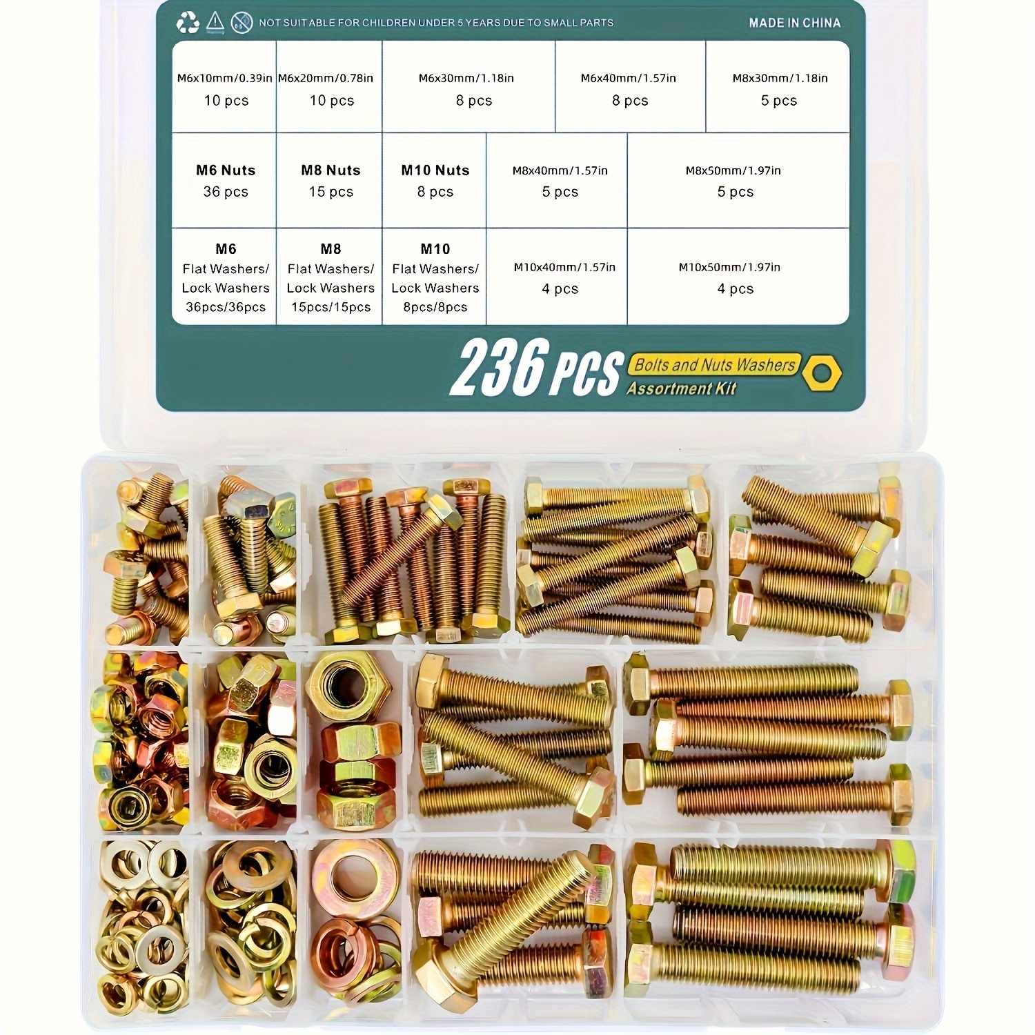 Image of Assortment Kit Of 236pcs Of Heavy-duty Bolts And Nuts In Sizes M6, M8, And M10, Made From , Including Hex Screws, Nuts, And Washers