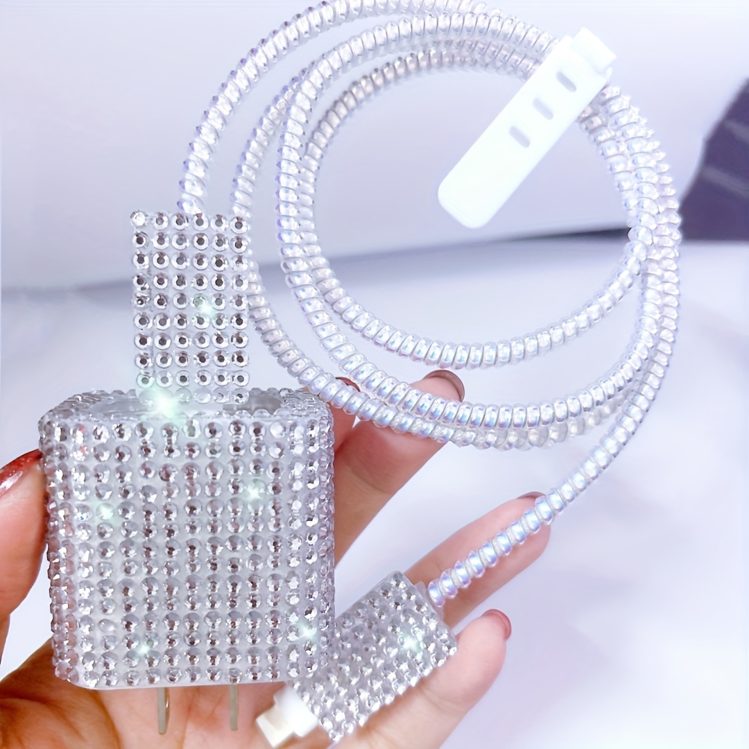

Sparkling Silver Diamond Tpu Charger And Headphone Cord Protector Set For Samsung, , Xiaomi, Huawei - Quick Charge Compatible, Anti-break Design, Fashionable Accessory