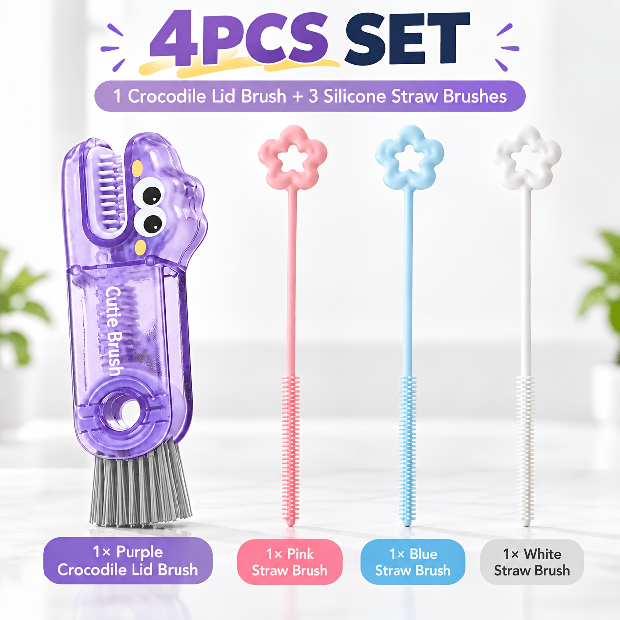 TEMU 4pcs Cup Cleaning Brush Set, 1 3-in-1 Crocodile Lid Cleaning Brush + 3 Flexible Straw Brushes, Reusable Deep Cleaning Tools For Tumbler Lids,