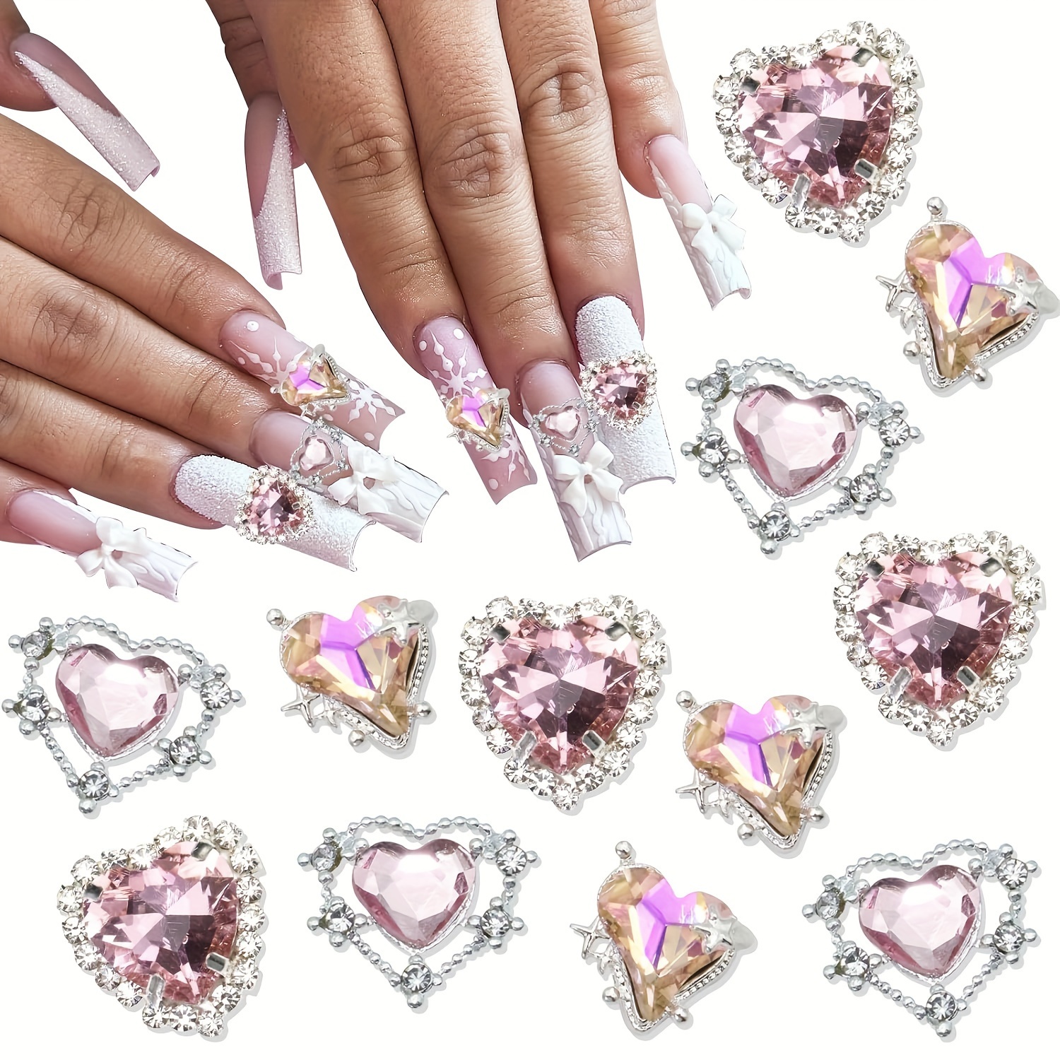 

60pcs Heart Nail Charms 3d Pink Crystal Rhinestones Nail Charms 3 Styles Shiny Flatback Nail Gems For Nail Art And Diy Crafts Jewelry Decoration