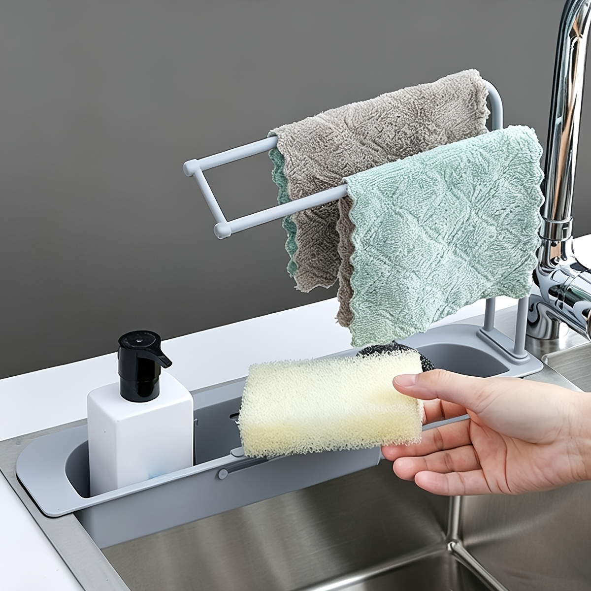TEMU Expandable Over Sink Sponge Caddy With Towel Bar, Adjustable Kitchen Sink Storage Rack Drain Holes, Rustproof Multifunctional Sink Side