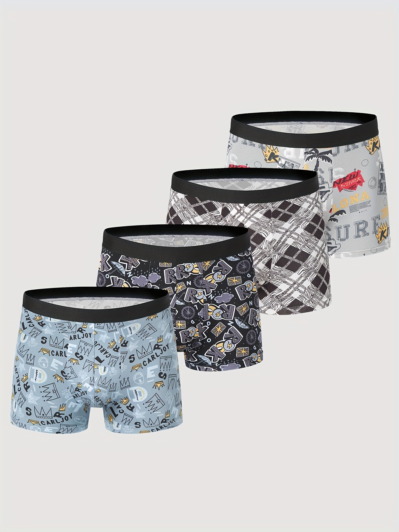 4pcs Men's Fashion Print Boxer Briefs Underwear Set Crotch Breathable Stretch Mid Waist Shorts Briefs Underwear