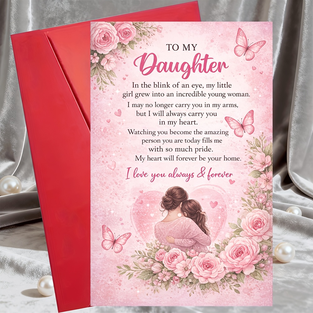 TEMU 1 Greeting Card + 1 Envelopeto My Daughter Card From Mom Love And Floral Gift For Birthday Graduation Wedding Mother To Daughter Keepsake