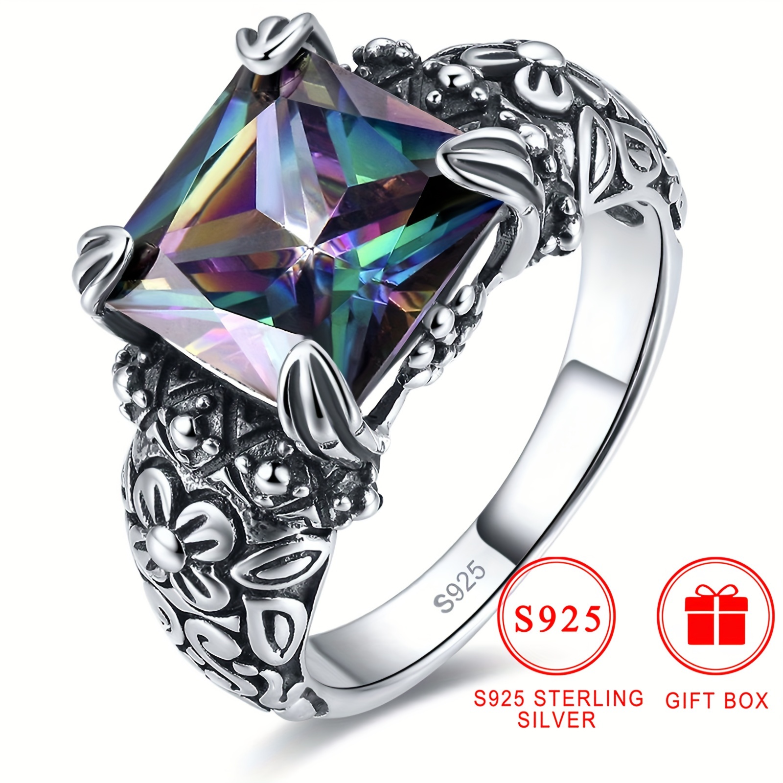 

4g S925 Sterling Silver Ring With Rainbow Cubic Zirconia, Nickel-free, Flower Cut, Women's Jewelry For & Gift-, Includes Gift Box