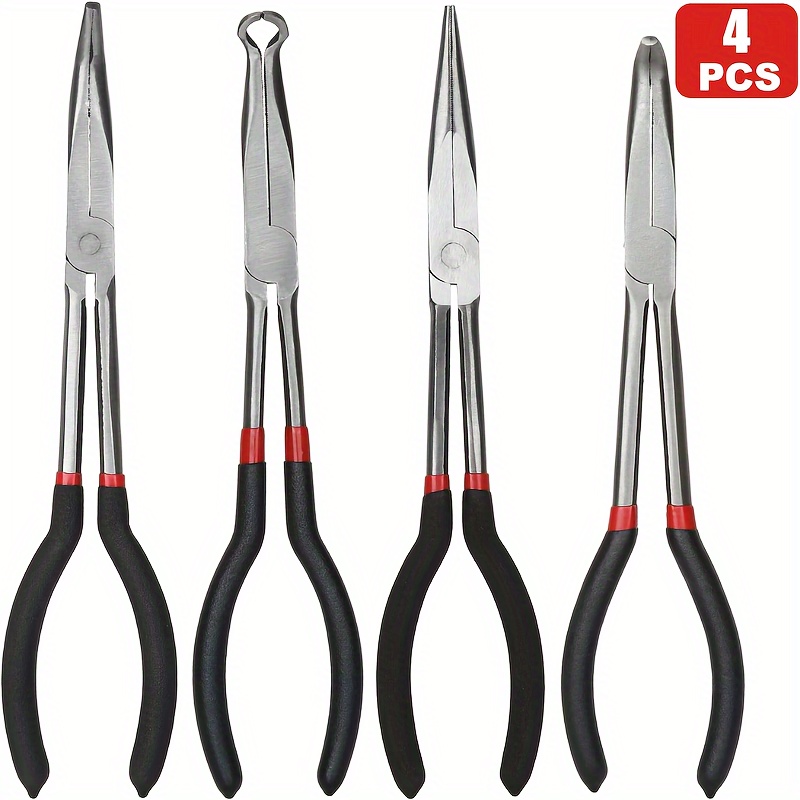 

4-piece 11" Stainless Steel Needle Nose Pliers Set - Precision Long Reach With Straight, 45 & 90 Angles - Durable, Corrosion-resistant With Ergonomic Grip For Auto Repair & Crafts