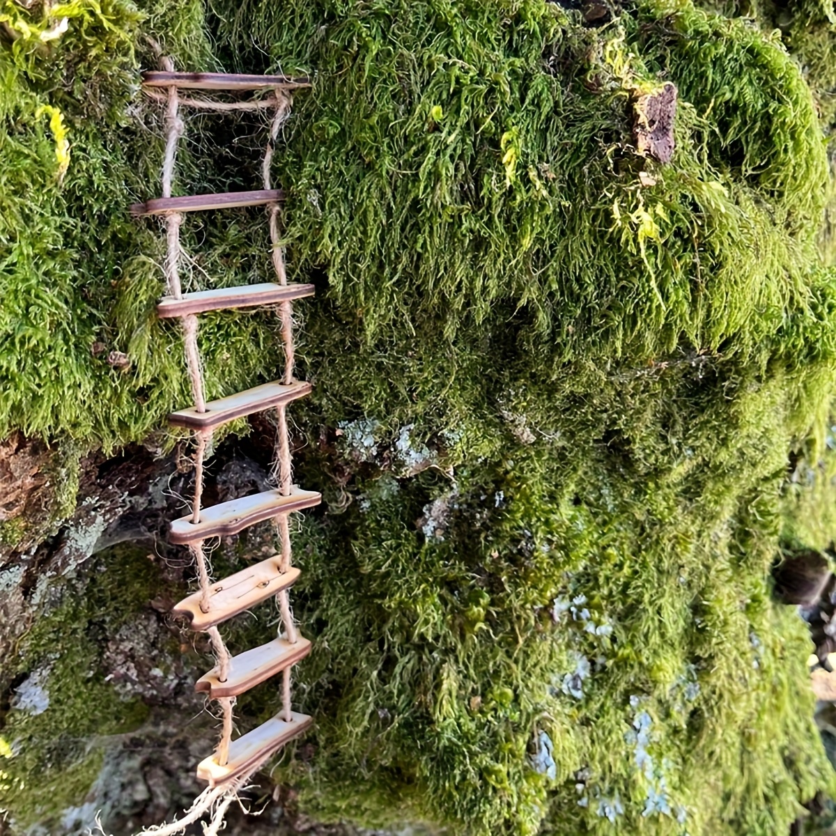Image of Natural Wooden Fairy Bridge Ladder-mini Rope Ladder For Rooms, Fairy Gardens And Doll Houses-rounded Interior/decoration, Mini Landscape Additions With Hemp Rope Rungs (no Sharp Parts)