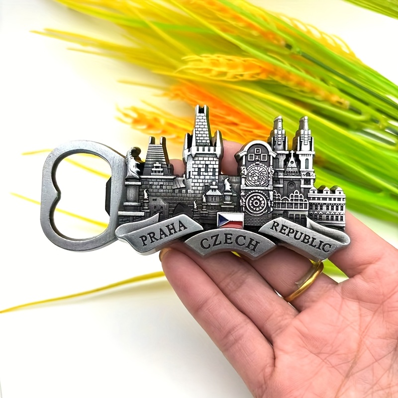 Image of Czech New Pewter-colored Alloy Metal Bottle Opener Fridge Magnet Prague Refrigerator Magnet Three-dimensional Texture Magnetic Refrigerator Magnet Kitchen Gadget Beer Bottle Opener