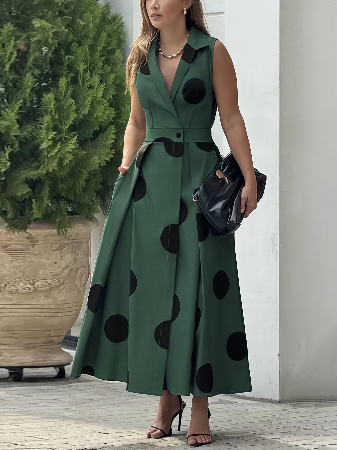 Plus Size, French Vintage Dark Green Polka Dot Sleeveless Dress - Fitted Collar with Cinched Waist & Wide Skirt, Suitable for, Tea Dates, Dinners