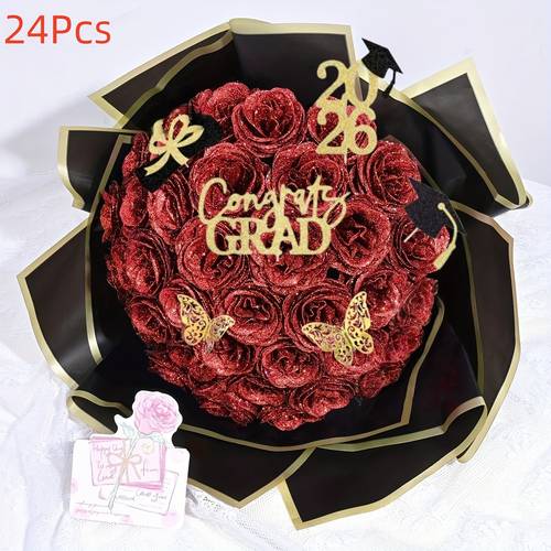 24pcs glitter artificial rose bouquet multiple colors sparkling faux flowers for graduation ceremony class gift never fade faux roses for prom homecoming anniversary wedding party table centerpieces home decorations