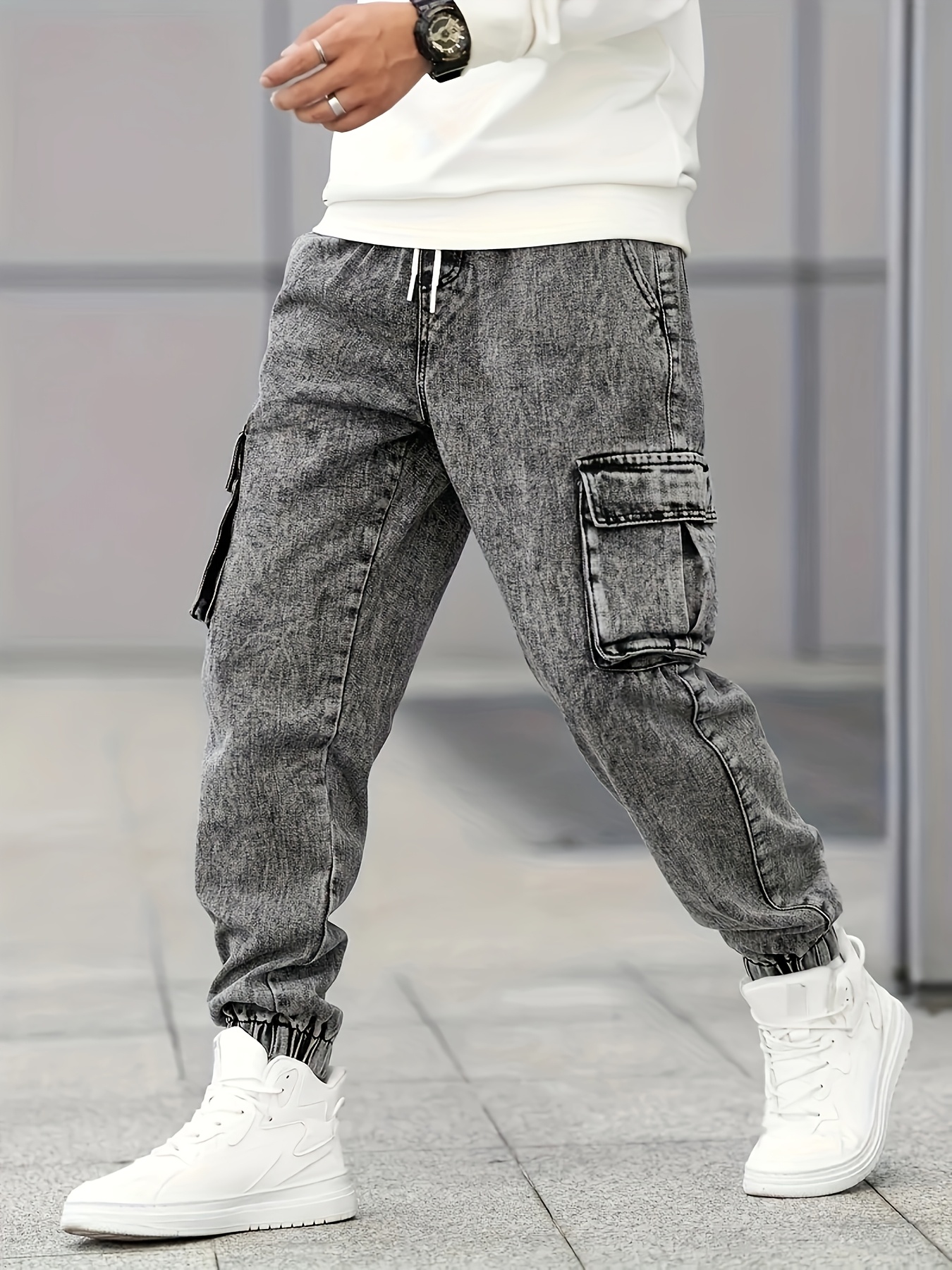 Men's Slim Fit Cargo Jeans - Stylish Gray Denim with Multiple Pockets, Durable Cotton/Polyester Blend, All-Season Wear