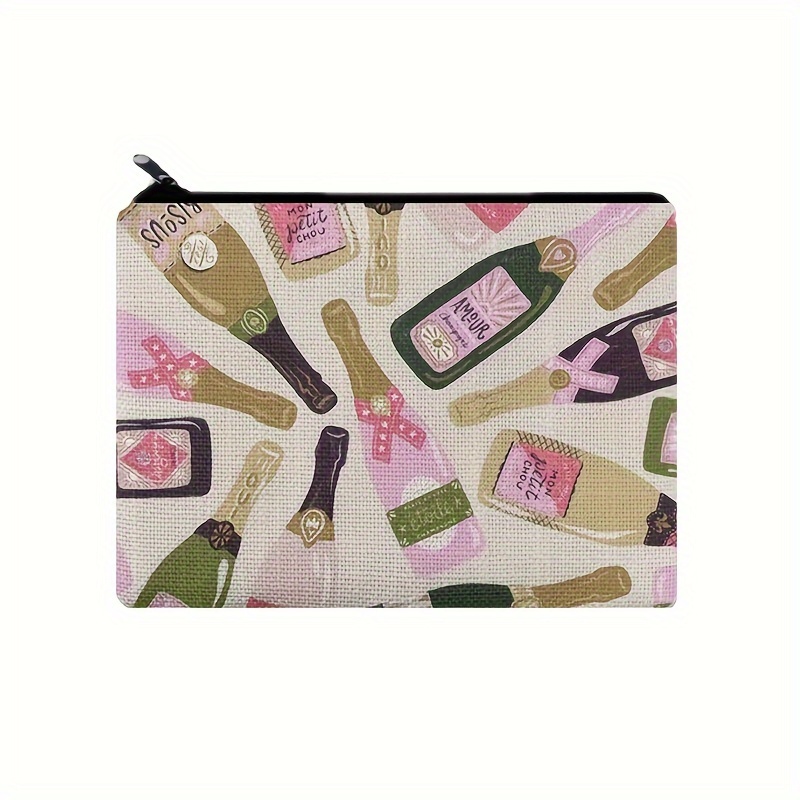 

French Champagne Collection Printed Carry All Pouch, Versatile Clutch Makeup Bag For Women