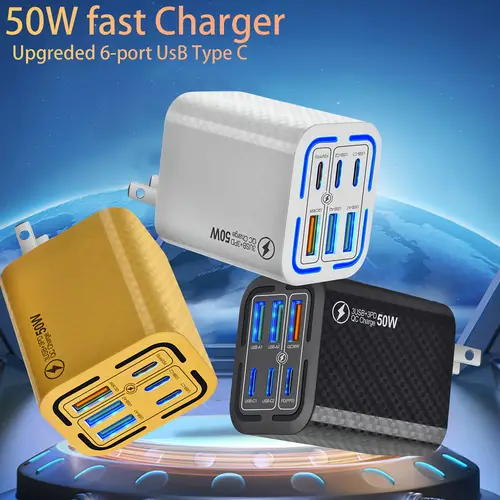 50w fast charge pd usb type c wall charger block ac power adapter with indicator light 3usb c 3usb a multi port plug 6 adapter block for iphone 16 15 13 xr se ipad pro mini air google pixel pixel 3a xl for samsung multi function travel charging block for multiple electronic devices