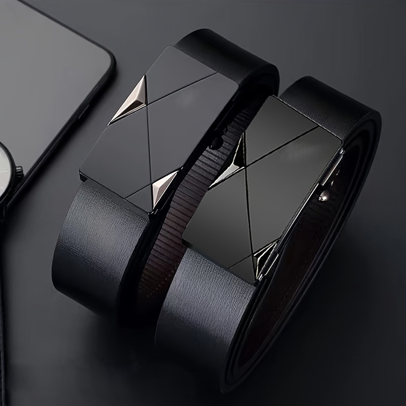 

Men's Sleek Black Leather Belt With Automatic Alloy Buckle - Fashionable Business Style