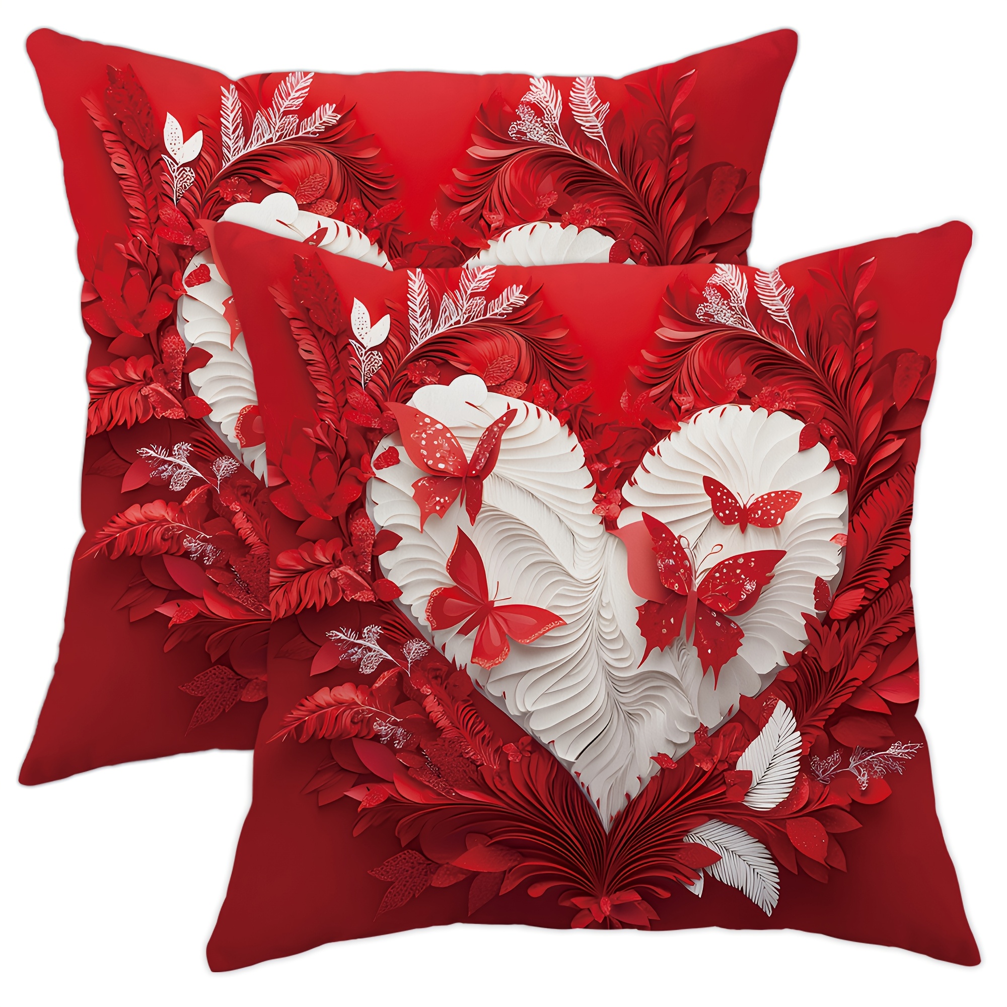 

2pcs Valentine's Day Heart & Velvet Throw Pillow Covers - Romantic 3d Red & , Soft Decorative Cushion Cases For Living Room & Bedroom Sofa Decor, Zip Closure, Machine Washable